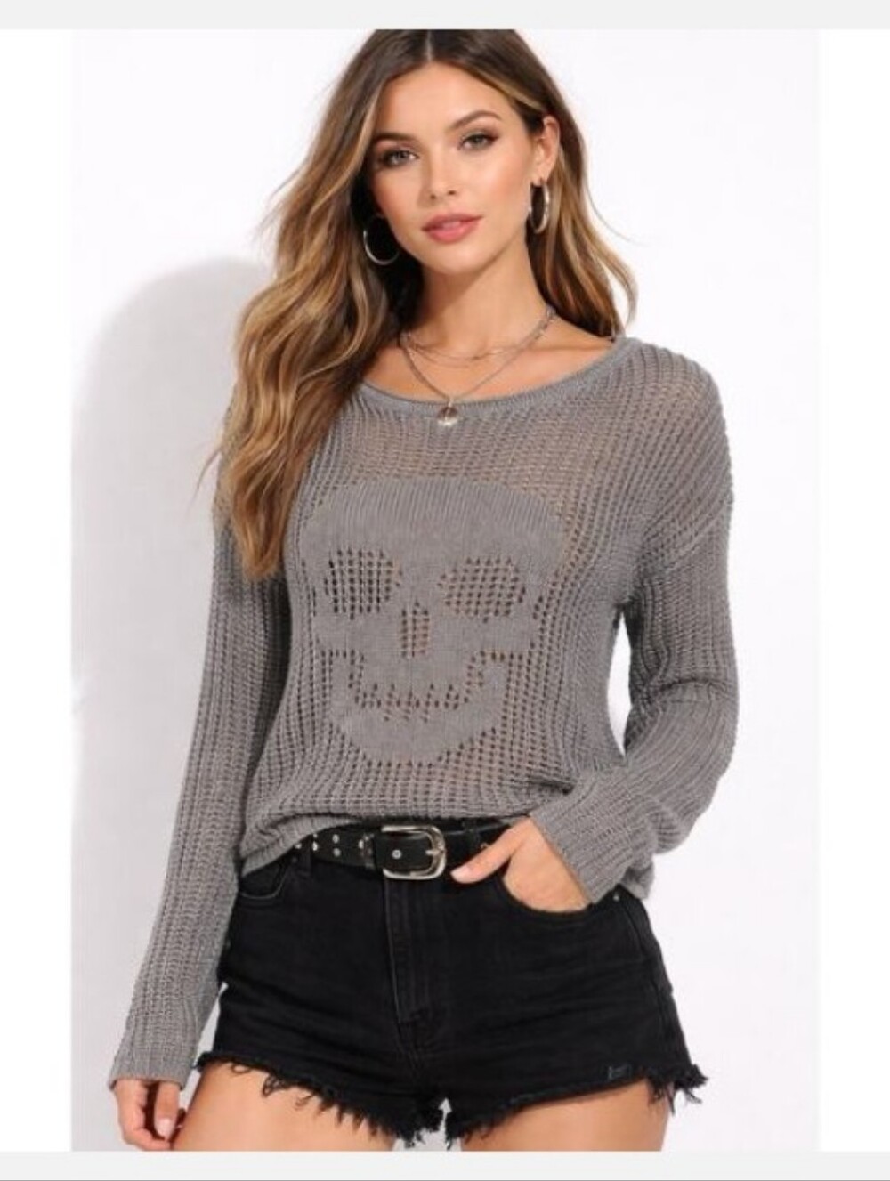 No Comment Gray Open Knit Skull Punk Gothic Long Sleeves Sweater Women's Size S